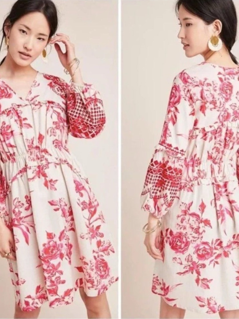 Vineet Bahl Thomasine Mini Tunic Red and Cream Linen Blend Floral Dress